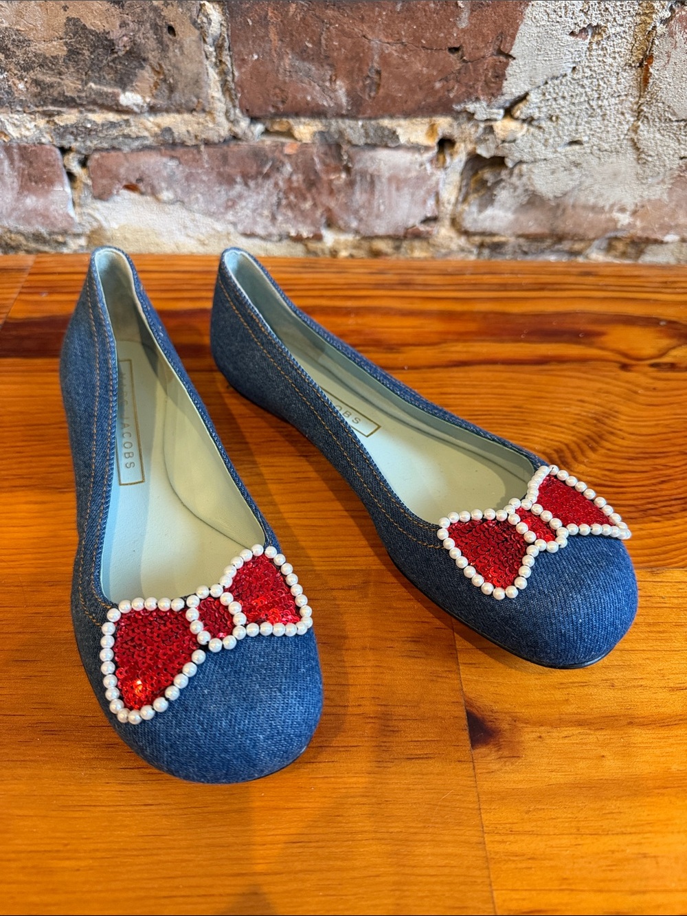 Marc Jacobs Denim Ballet Flats with Red Bow and Pearl Trim Accents